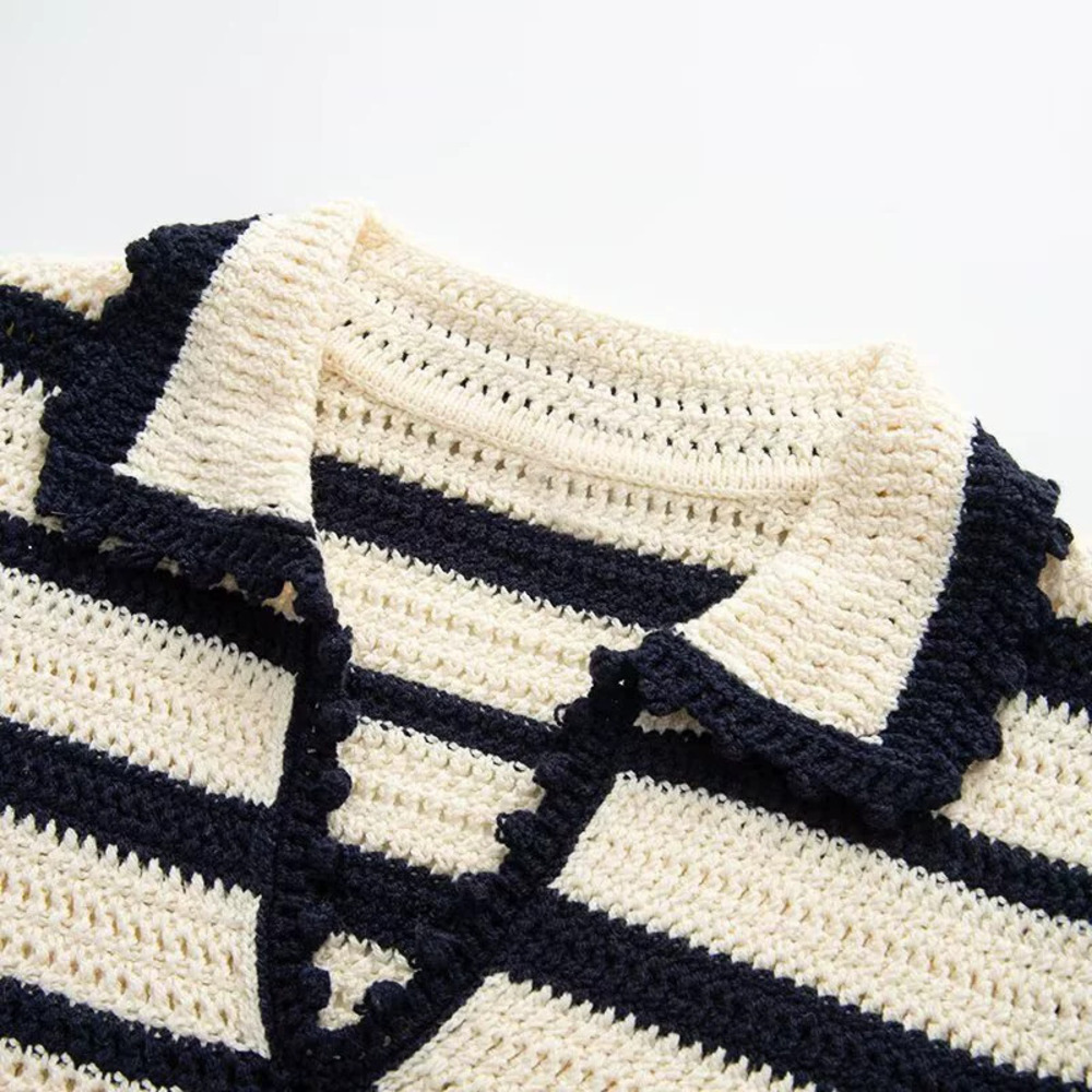 ZARA New Arrival Niche Soft Comfortable Casual Striped Collared Short Sleeve Tee